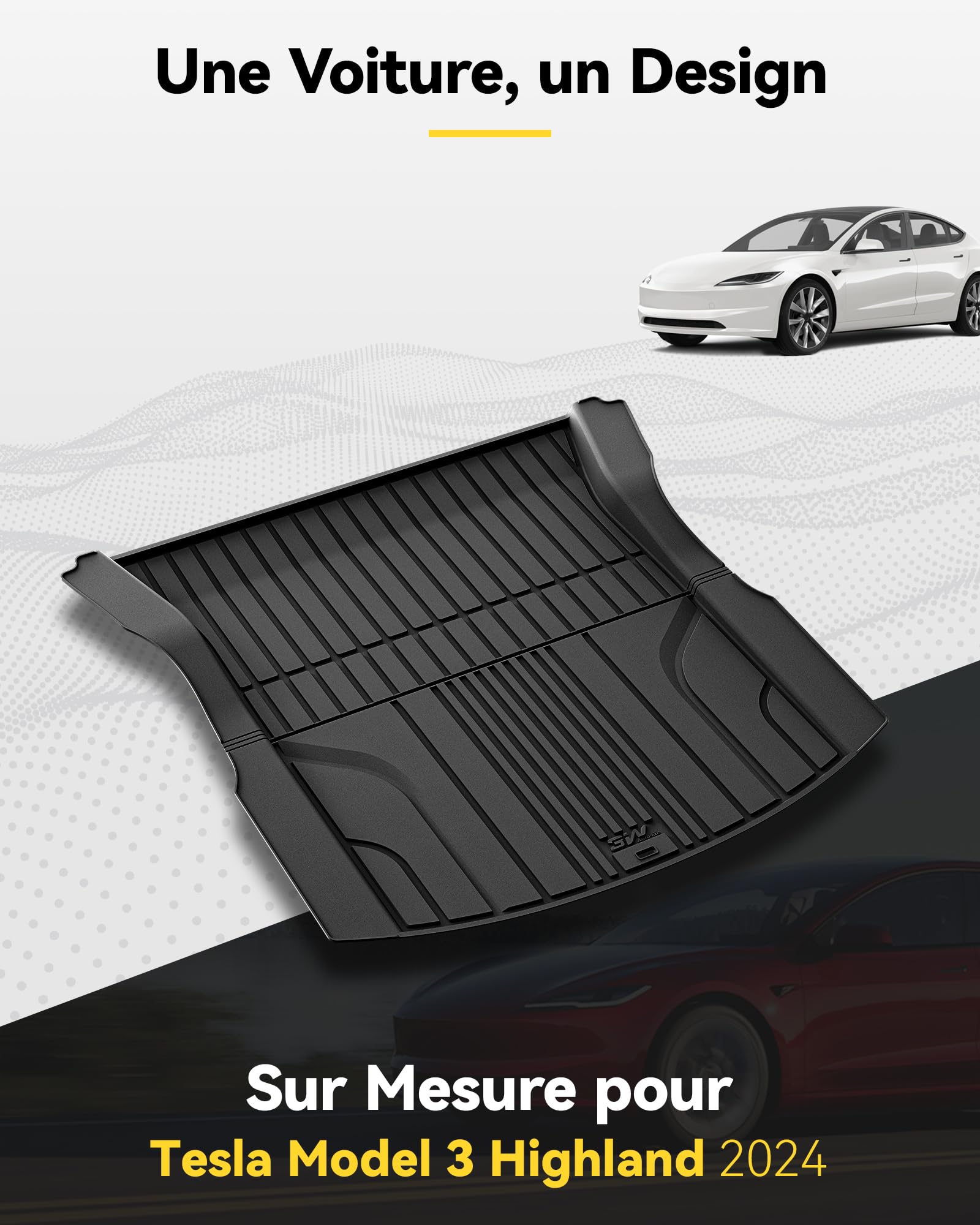 3W Tapis de Coffre pour Tesla Model 3 Highland 2024-2026 | Protection Coffre pour Chien en Thorex™, Imperméable et Résistant, Anti-Chocs Arrière, Sur Mesure, Facile à Nettoyer Arrière
