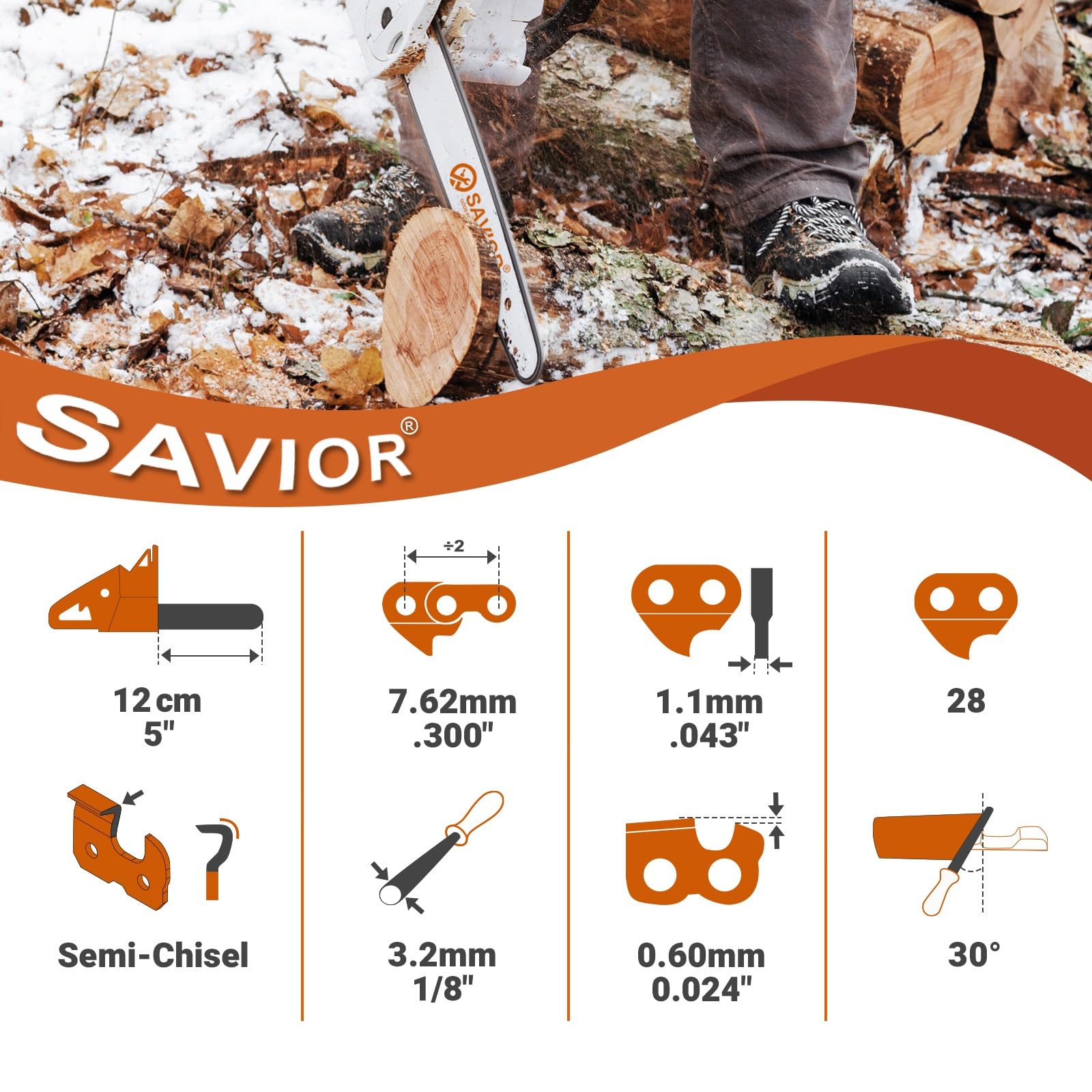 Savior 4×Cadenas de Motosierra .300"LP para Espadas de 12cm 28 Eslabones, 1,1mm compatible con WA0142 WORX WG324E WG324E.9 WG325E Einhell GE-PS 18/15 Li BL, Parkside PAGHS 20-Li B2 y muchas más