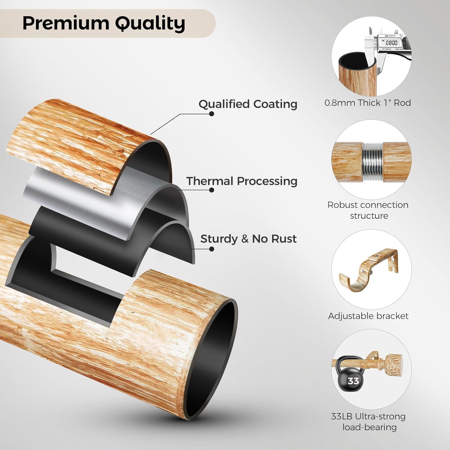 2 Pack Boho Wood Curtain Rods for Windows 32 to 45 Inch, 1" Diameter Adjustable Heavy Duty Curtain Rod with Imitation Wooden Grain Leaf Pattern Finials, Rustic Decorative Drapery Rods, Size 32"-45"