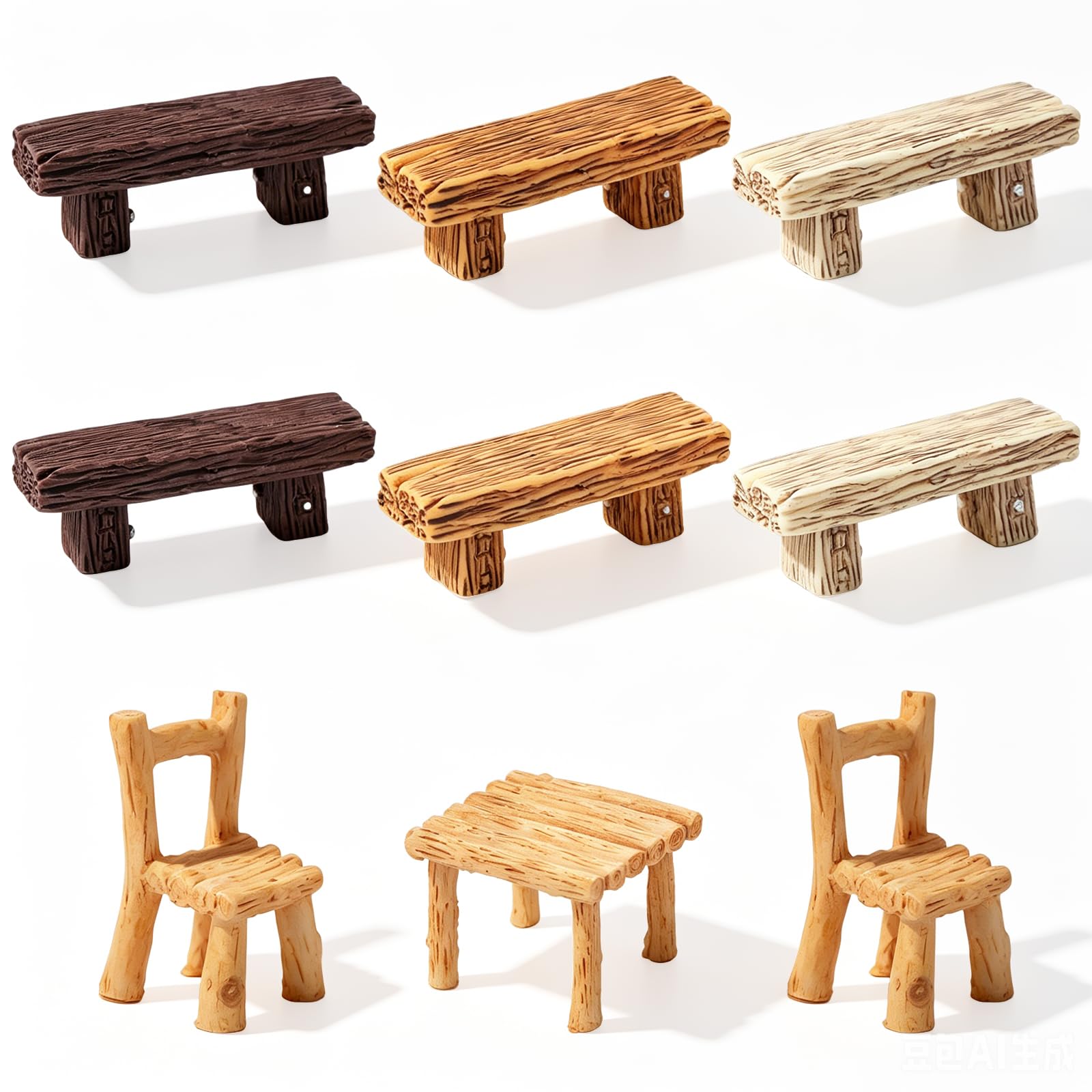 BENOSPACE 9Pcs Miniature Resin Bench Figurines Mini Park Bench Statue Small Fairy Garden Ornament Wooden Style Table Chairs Set Craft Accessories DIY Scene Furniture Decor Bonsai Terrariums Landscape