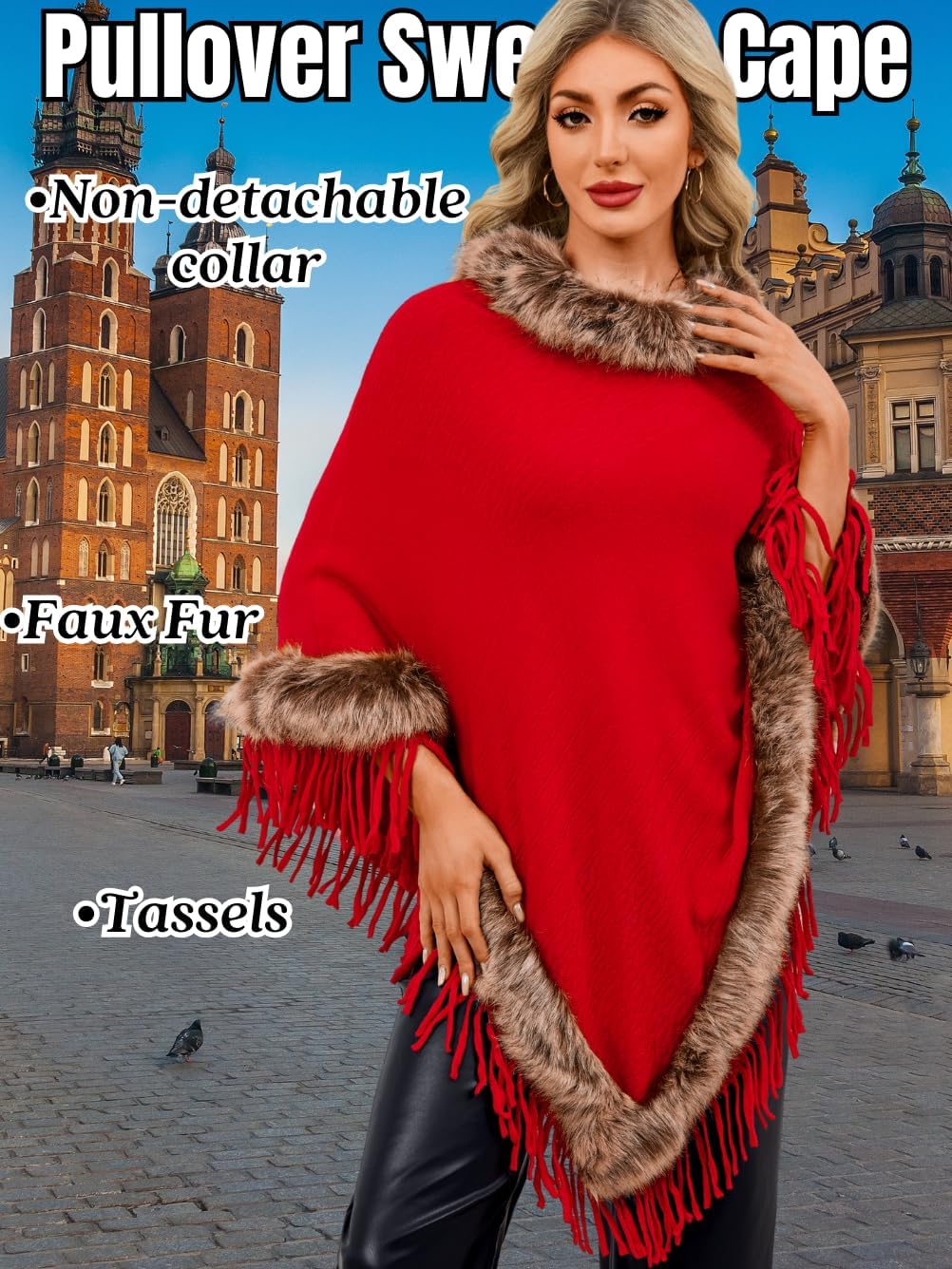 Women's Fur Trim Long Poncho Sweater Elegant Draped Shawl Wraps with Warm-Collar Fits 0-16 - Image 4
