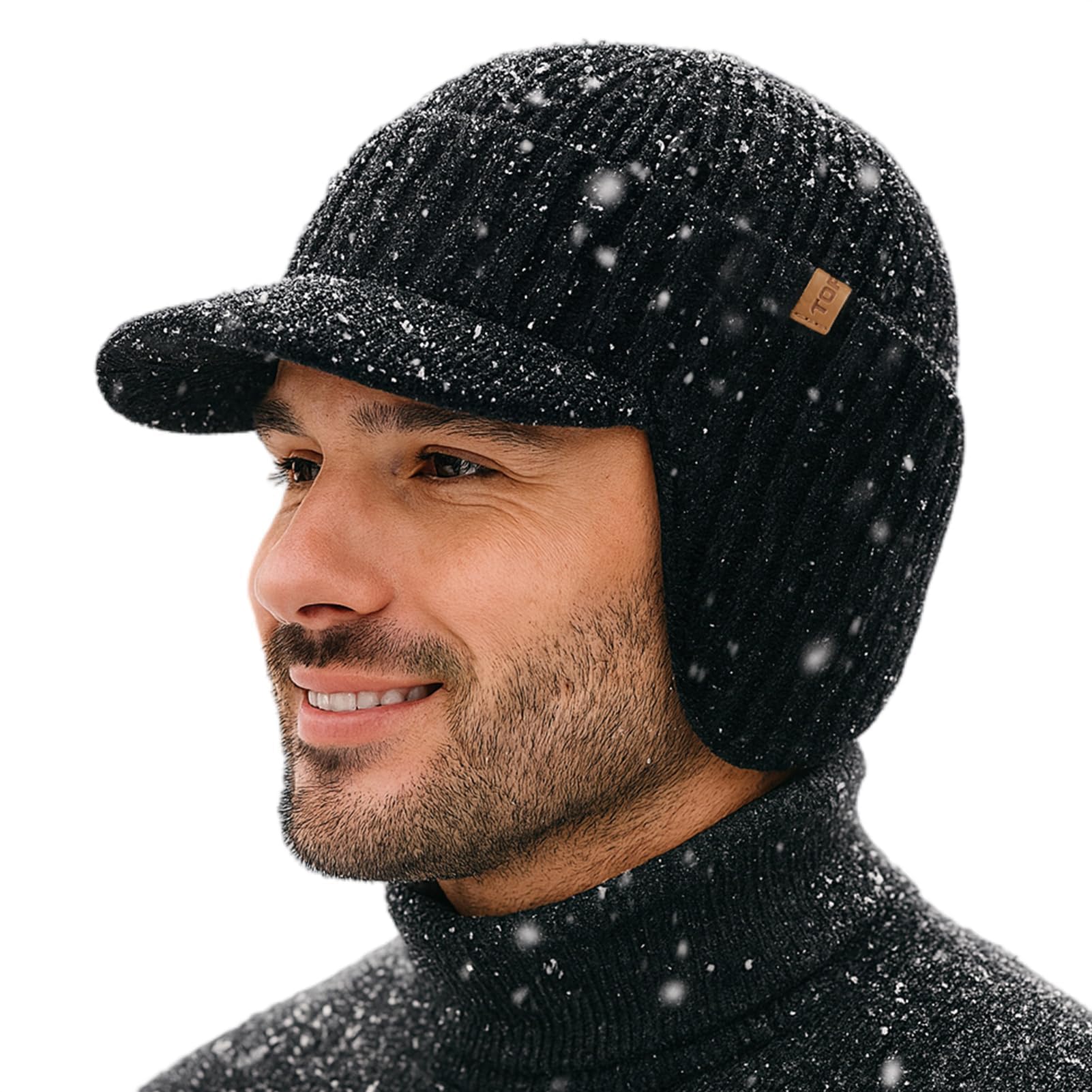 TOP-EX DryKnit™ Waterproof 80% Merino Wool Peaked Beanie Hat Men with Ear Flaps & Fleece Lined, Winter Thermal Golf Visor Beanie Hat for Cold Weather, M-XXL
