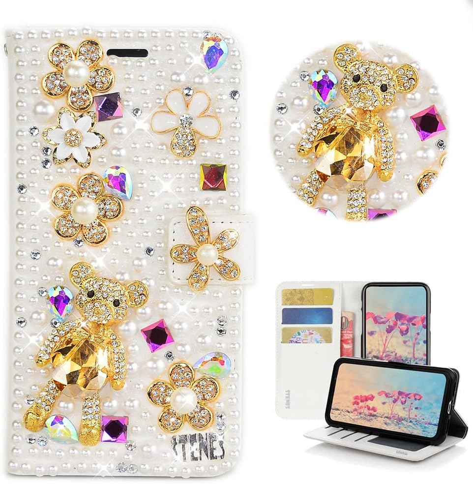 STENES Bling Wallet Phone Case Compatible with Samsung Galaxy A53 5G - Stylish - 3D Handmade Floral Bear Glitter Magnetic Wallet Leather Cover with Neck Strap Lanyard & Screen Protector - White