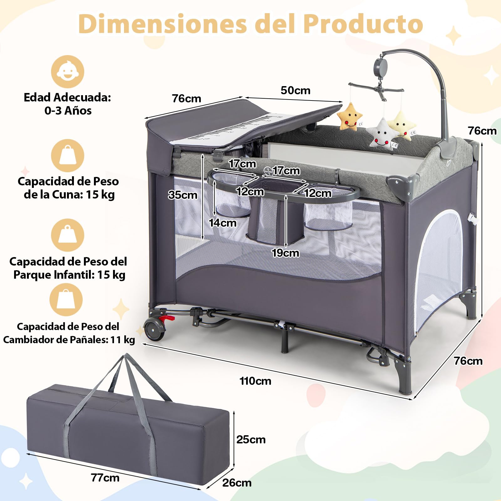 RELAX4LIFE 5 en 1 Cuna Bebé con 5 Alturas Ajustables, Cambiador, Colchón, Caja Música, Juguetes Colgantes y Bolsa de Transporte, Cuna de Viaje con 2 Ruedas Bloqueables para Bebés 0-3 Años (Gris Claro)