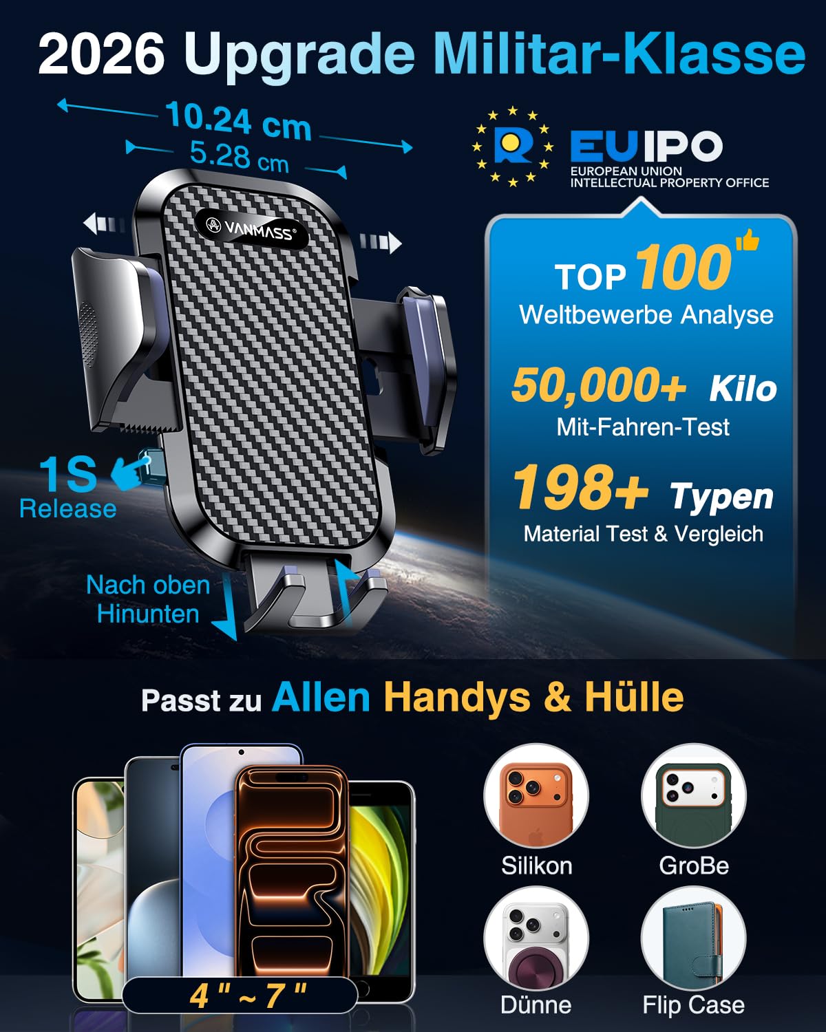 VANMASS 2026【Militär-Klasse】Handyhalterung Auto Upgrade【Stärkste Saugnapf & Lüftungshaken】4 in 1 Handy Halterung Auto 360° Drehbar Handyhalter Auto Armaturenbrett Scheibe Wand für iPhone Samsung usw