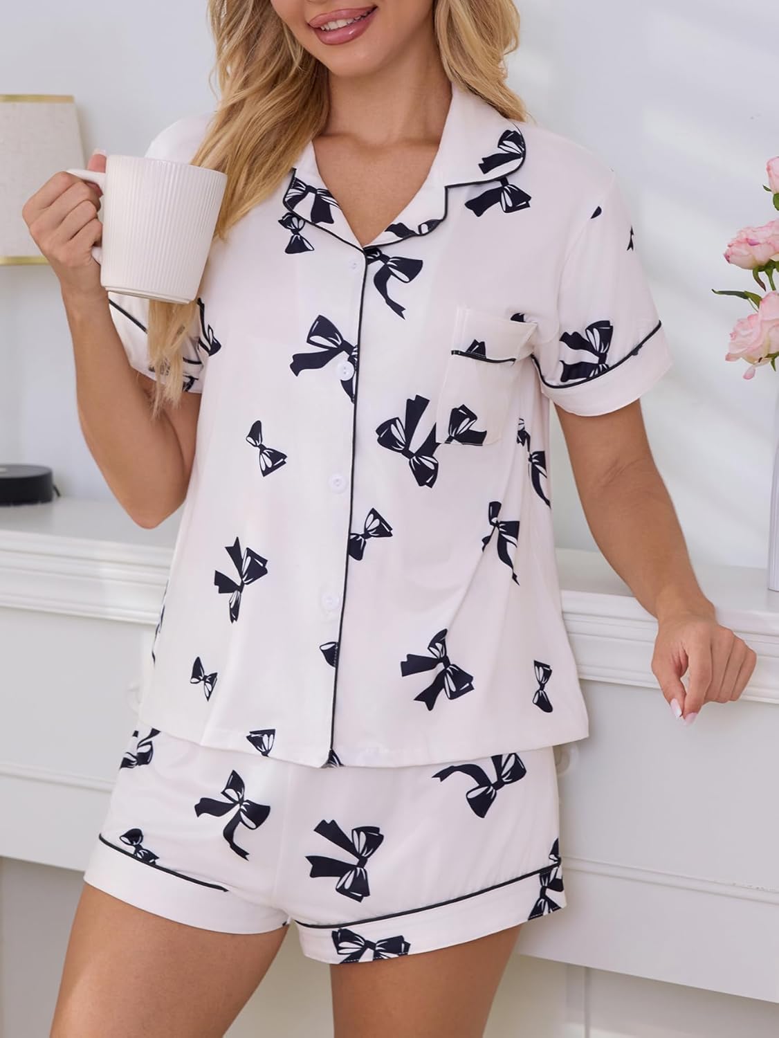 Cute Pj Bow Pajamas Sets for Women 2 Piece Button Up Romantic Valentine's Day Matching Sleepwear - Image 4