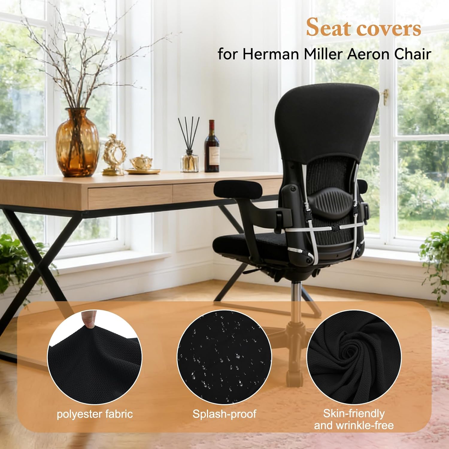 Chair Seat Covers for Herman Miller Aeron (Size B) Office Chair, Dust and Stain Resistant, for Aeron Office Chair Seat Cover,（Black 4 Pieces Including armrest Covers）