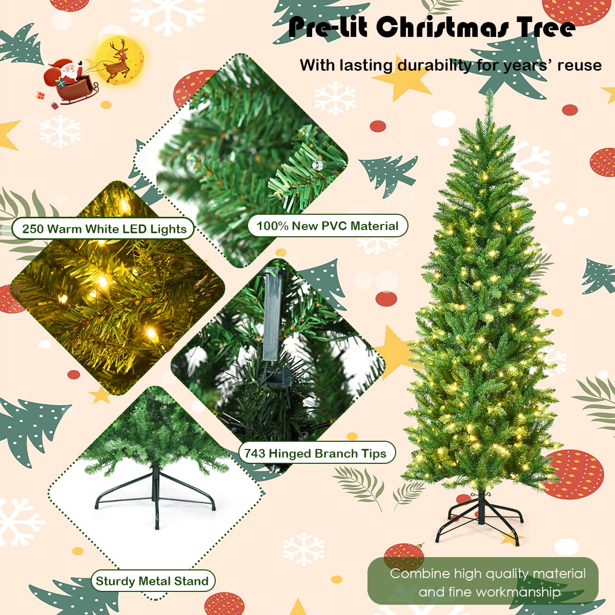 LIFEZEAL Albero di Natale a matita fine 180 cm luminosa, albero di Natale artificiale in PVC