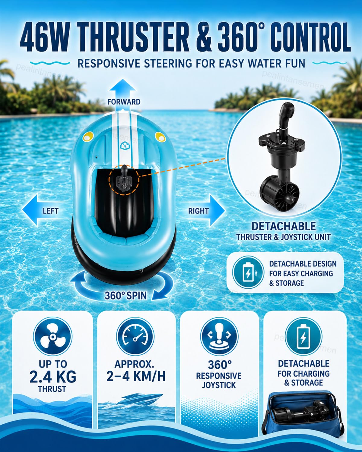 Tumbona Eléctrica para Piscina, Barco Hinchable de Choque para Adultos con Propulsor 46W, Joystick 360°, 2 x 2600mAh Baterías para Piscinas, Resorts y Vacaciones de Verano Red
