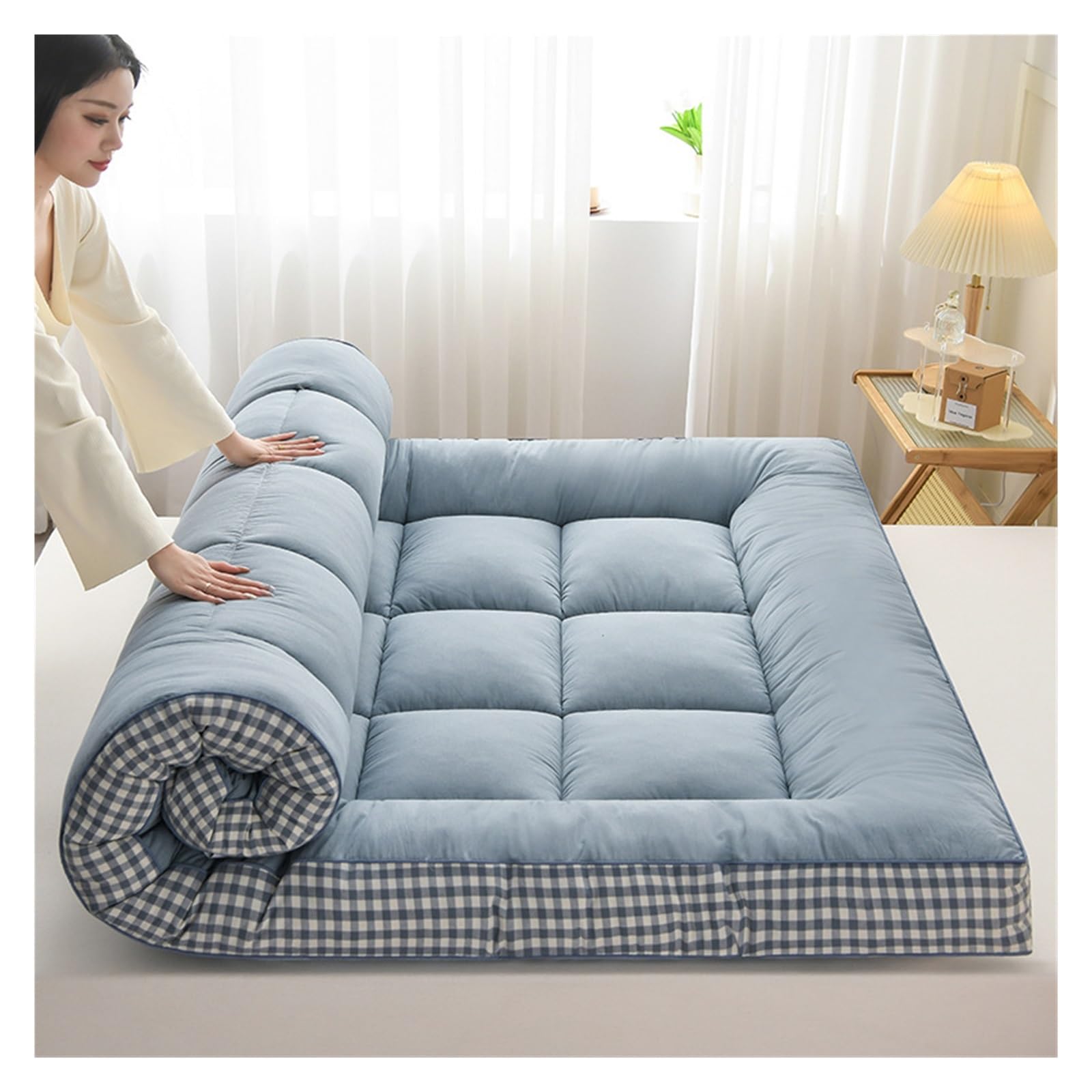 Soft Floor Mattress, Japanese Tatami Futon Mattress, Portable Roll Up Foldable Mattress, Sleeping Pad for Floor Guest Bed Sofa Double Bed Single Bed(Blue,200x220cm)