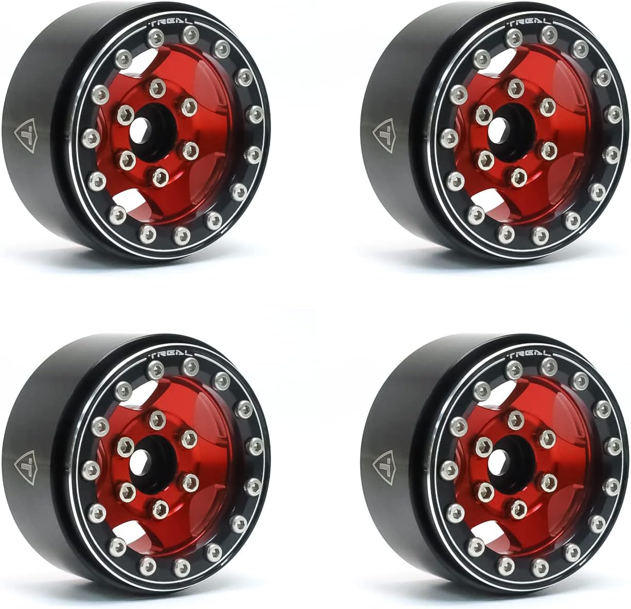 Treal 1.55'' Beadlock Wheels (4P) Aluminum CNC Machined 5-Star Wheels for 1/18 UTB18 and 1/10 RC Crawler Car Axial AX90069 D90 TF2 Tamiya CC01 -Type B (Red)