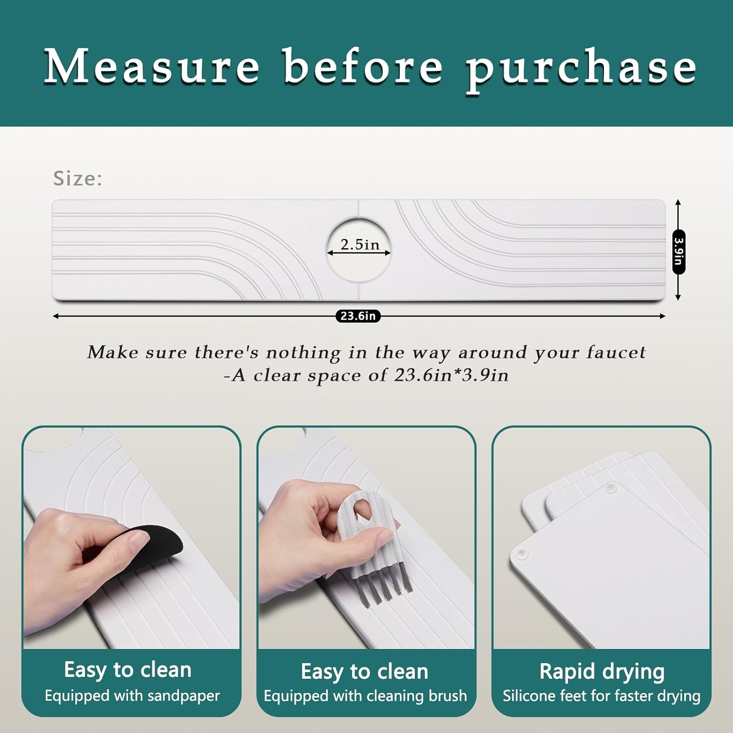 Kitchen Sink Diatomite Splash Guard - Fast-Drying Anti-Slip Diatomite Sink Protector, Stone Absorption Tray for Bathroom Countertops (White, 23.6" x 3.9" x 0.4")