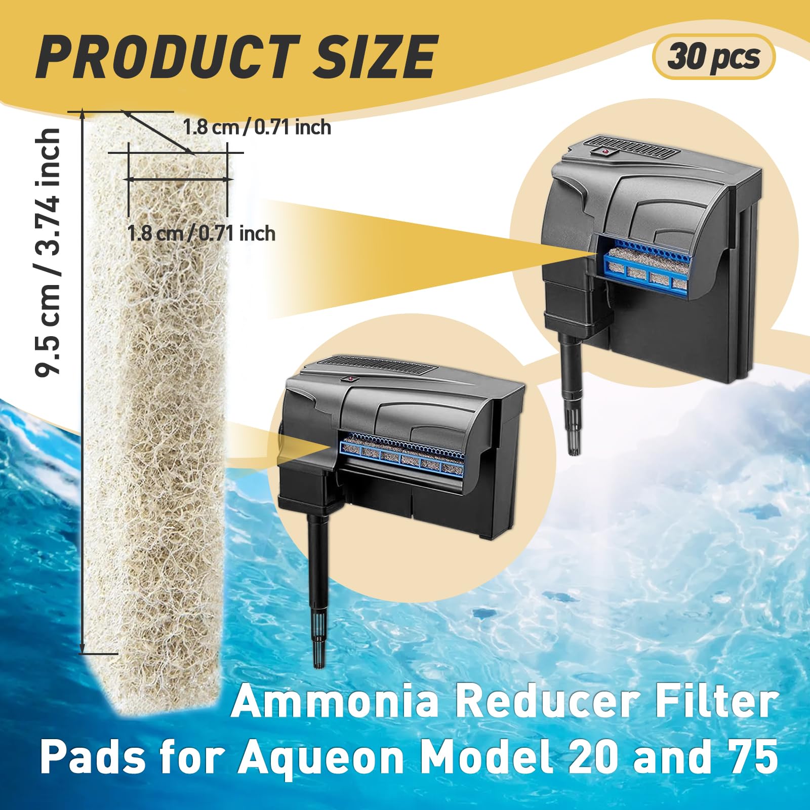 Iffitya 30 Count Ammonia Reducer Filter Pads for Aqueon - Replacement Filter Cartridges Small for Aqueon QuietFlow LED PRO Model 20 and 75
