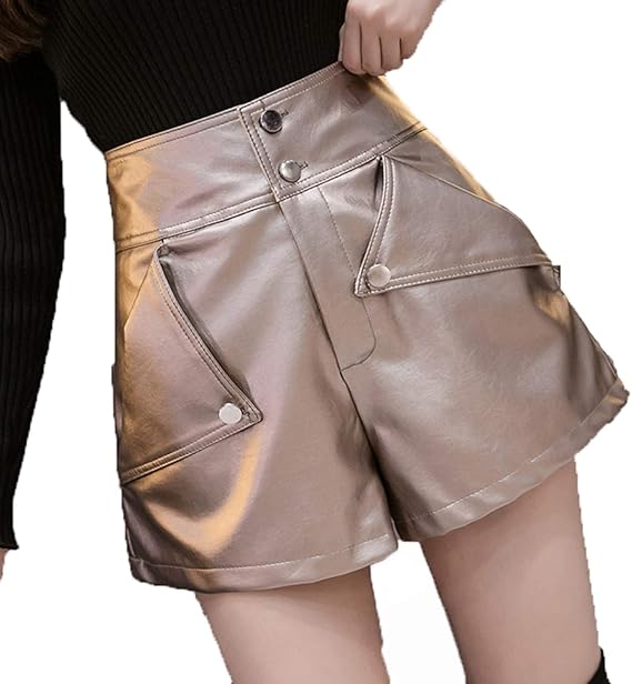 Amazon レザーショートパンツ ハイウエスト 黒 レザー ジッパー付き レザーショートパンツ 足長 ショーパン レディース ボトムス 合成皮革 脚長効果 かっこいい 可愛い シンプル ソフト セクシー 柔らかい ワイドパンツ ショートパンツ 通販