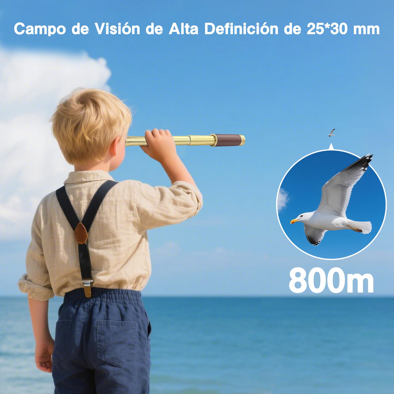 Retro Piratas Telescopio Zoom, 25 x 30, Binoculares Portátil, Plegable, Telescopio de Mano Vintage Monocular para Niños y Colección Clásica, Brújula para Camping Caza Navegación