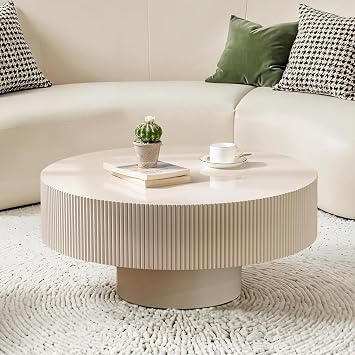 Handmade Round Fluted Drum-Shaped Coffee Table A Off White 30.9 in