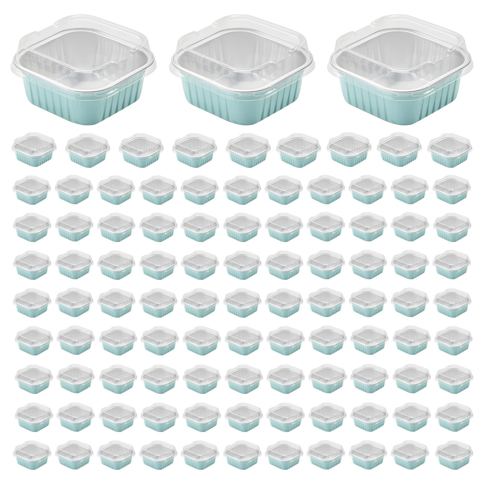 Packool Pcs Mini Cake Pans with Lids, Oven Safe, Turquoise Aluminum Foil Baking Cups, Square Disposable Cupcake Cups 3.5 x 2.6 in / 9 x 6.7 cm, Brownie Pudding Desserts Holders