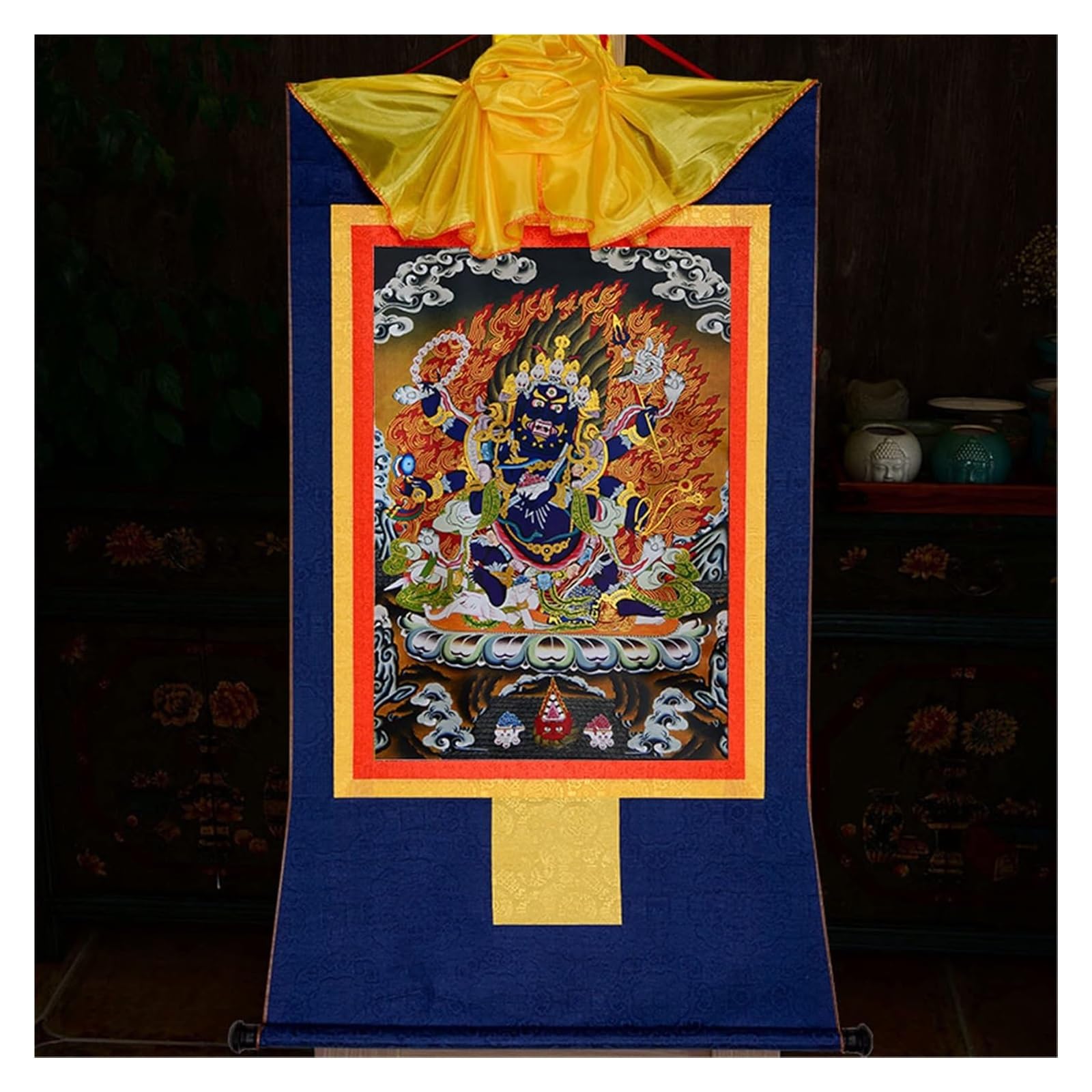 Thangka-Gemälde, tibetisches Thangka, Thangka-Gemälde, buddhistischer Wandteppich, sechsarmiger Mahakala, tibetische Thangka-Malkunst, buddhistischer Thangka-Brokat, Buddha-Wandteppich mit Schriftroll