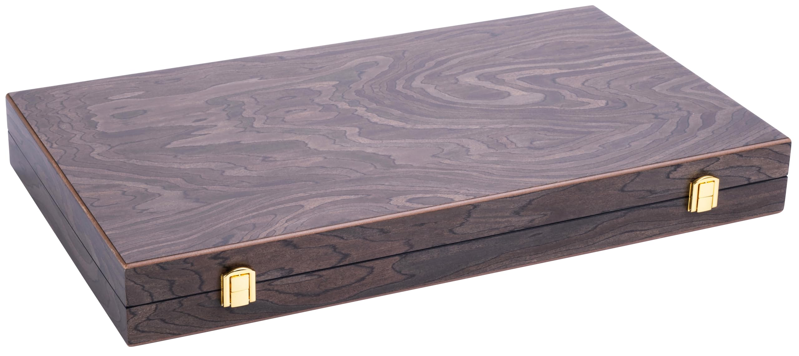 Engelhart - 250547 - Juego de Backgammon de Lujo 18” con Chapa de Nogal barnizada, Cierre metálico, Dados y fichas nacaradas, Vasos de Madera, 2 Jugadores, Reglas Incluidas, Desde 6 años