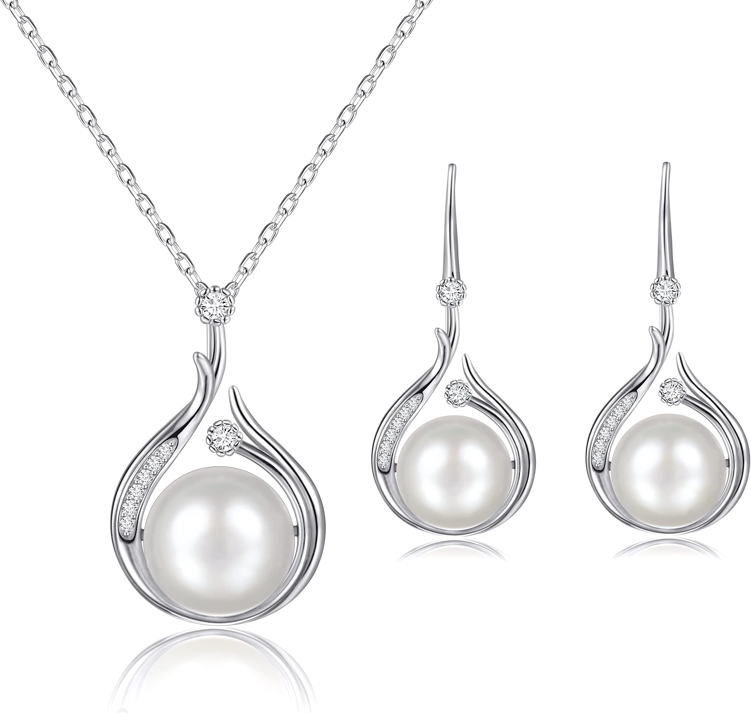 TomovelyWomen's Pearl Necklace 925 Sterling Silver Round Dangle Necklace Pearl Drop Earrings Women's Pearl Jewelry Set Mother's Day Gift