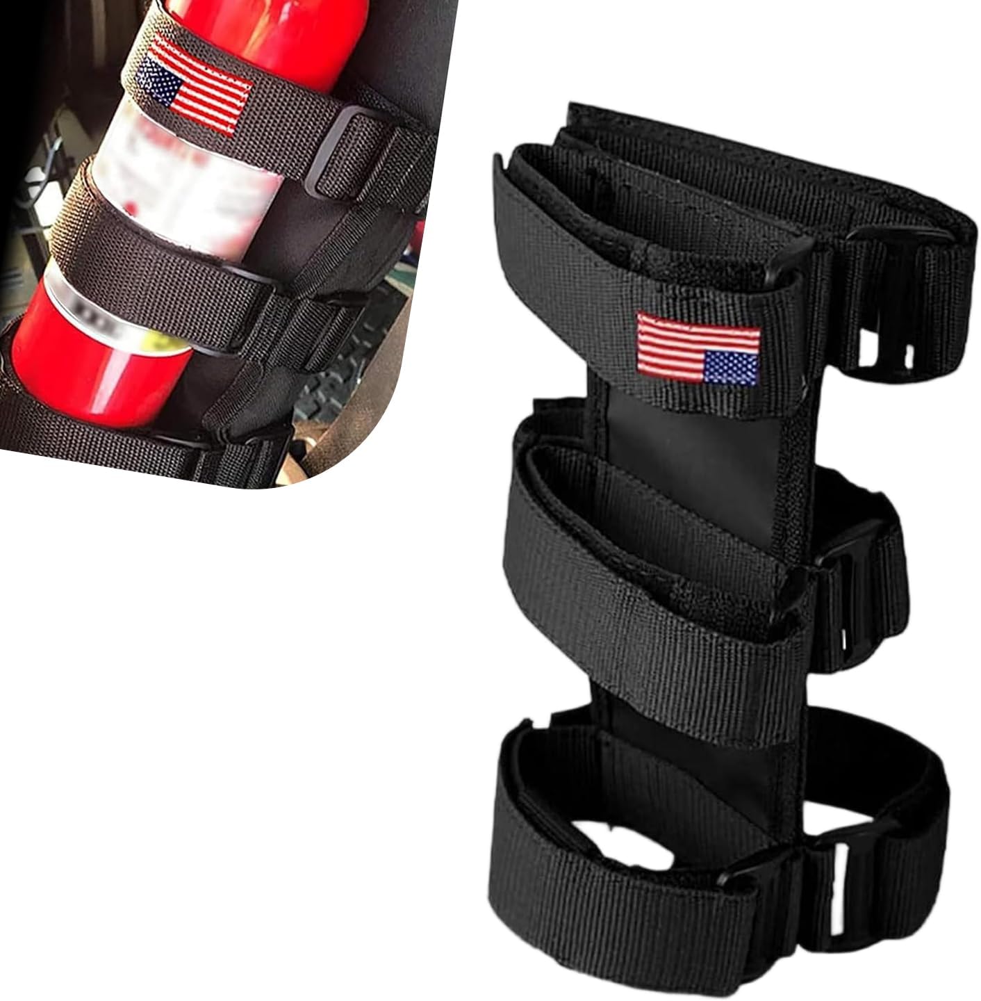 Car Roll Bar Fire Extinguisher Holder, Adjustable American Flag Decorated Fire Extinguisher Mount, for Jeep Wrangler JK JKU TJ CJ YJ LJ Fixing Strap (Red)