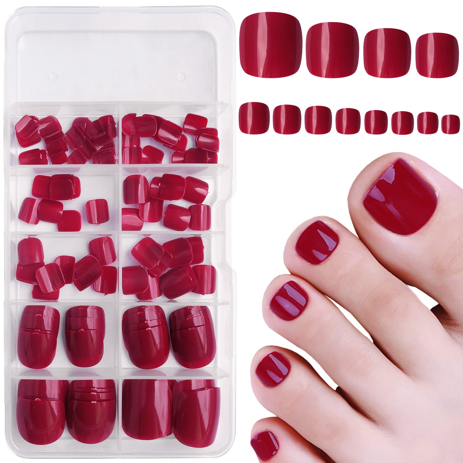Bellelfin Press on Toenails 120pcs Short Square Fake Toenails Full Cover Burgundy Glossy Acrylic False Toe Nails Tips with 5 Sheets Adhesive Glue Tabs