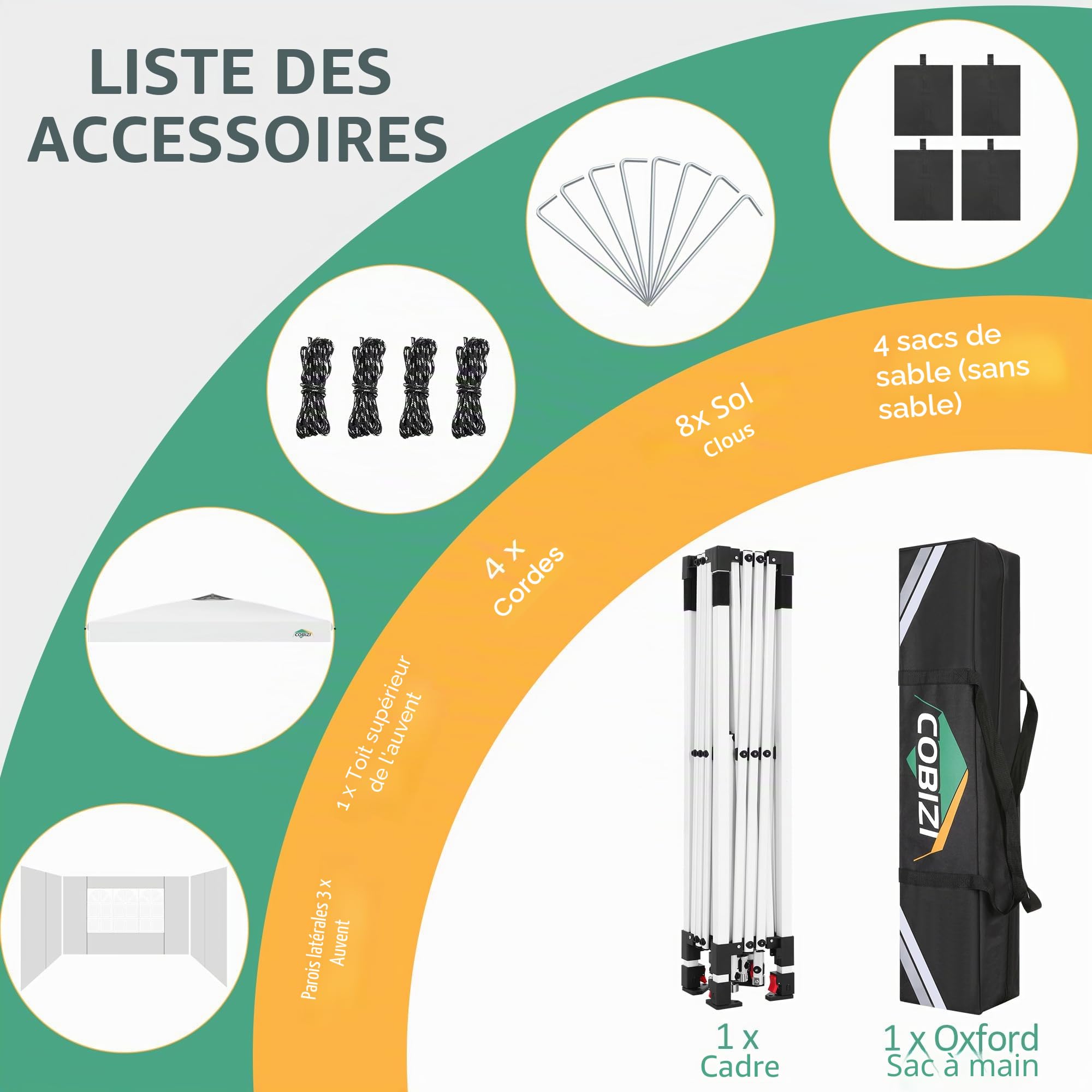 Cobizi Tonnelle Pliante 3x3 Imperméable Tonnelle De Jardin Exterieur,3 Panneaux Latéraux,Tonnelle Pliante Imperméable,Convient pour Le Camping, Les Festivals, Barnum avec 4 Sacs,Sable，Blanc