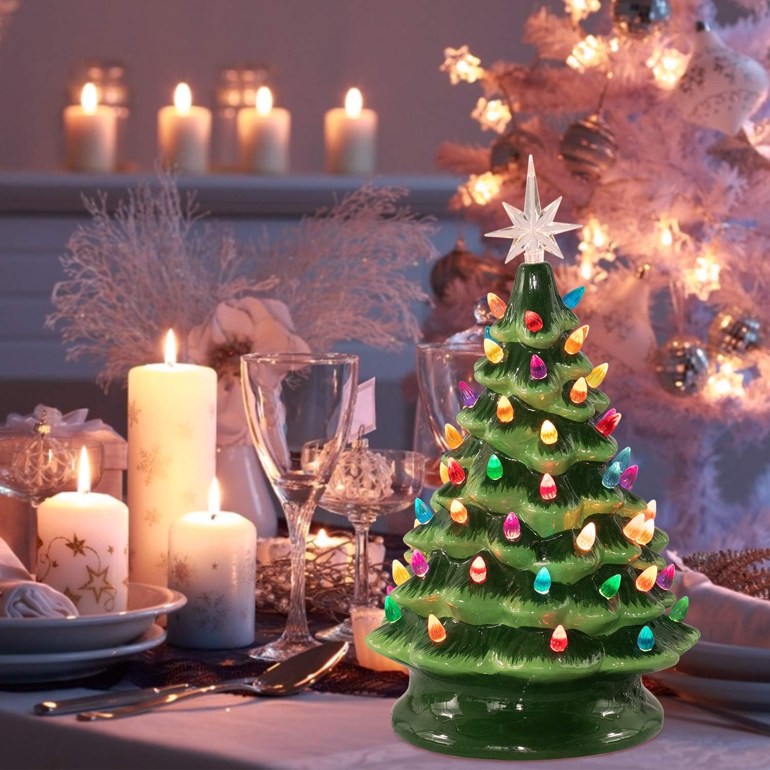 Ceramic Christmas Tree, Battery Operated Tabletop Artificial Christmas Decoration Tree with Multicolored Lights, 15 Inch Large Green Christmas Tree, Star Included, Battery Not Included