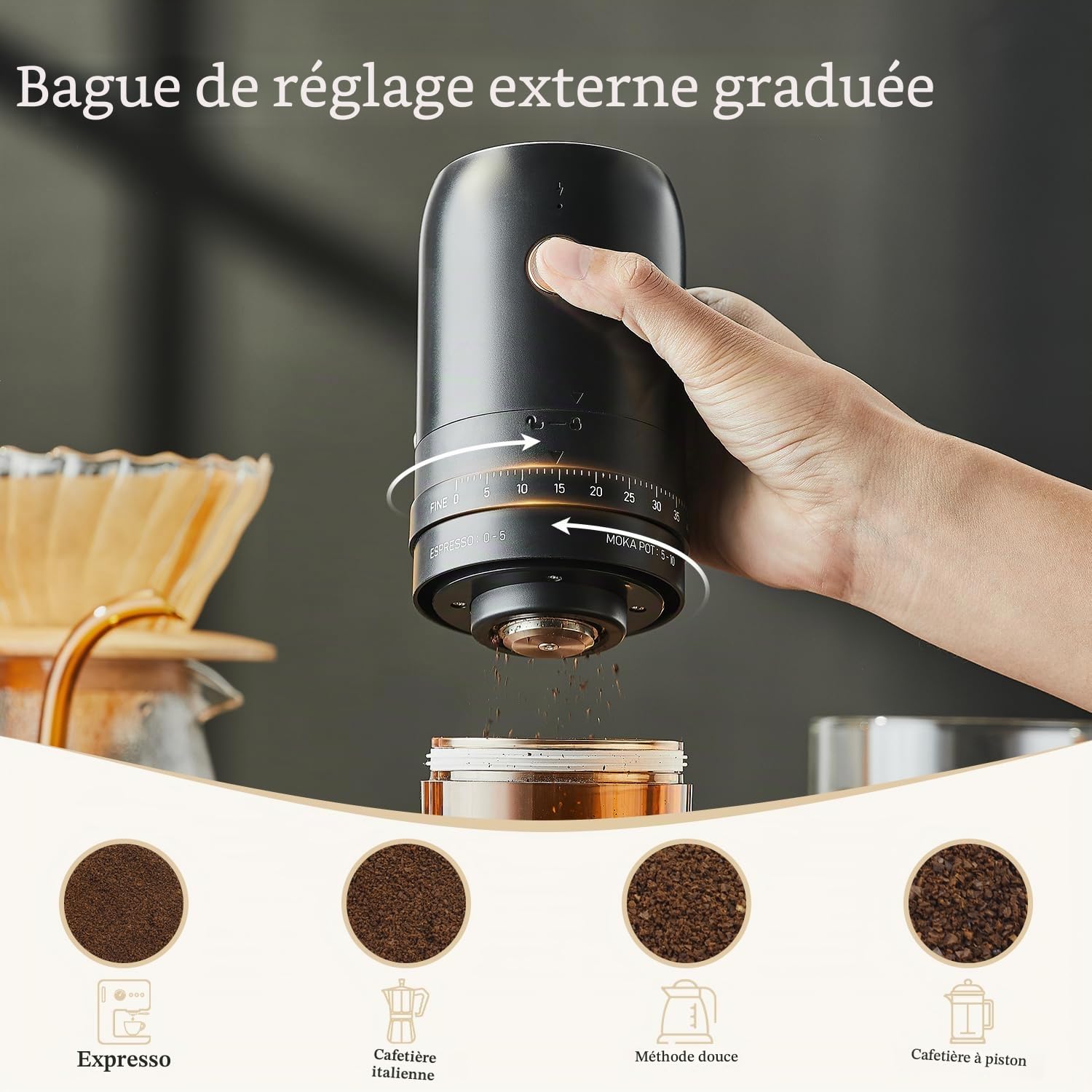 Moulin à café électrique, petit moulin à café rechargeable, noyau de broyage en acier inoxydable avec paramètres externes réglables, moulin à café électrique portable sans fil – Noir