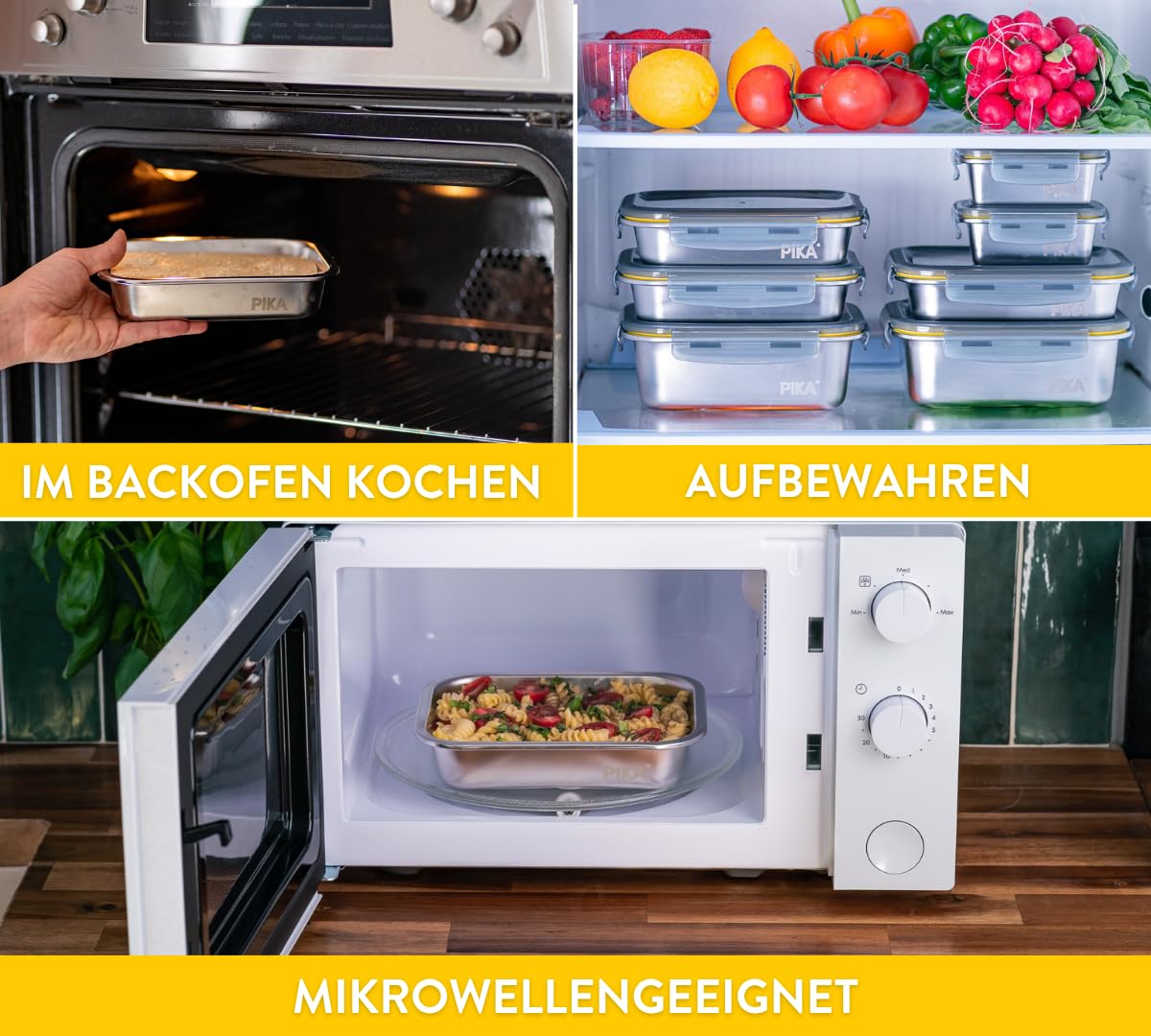 PIKA° Premium Edelstahl-Frischhaltebehälter-Vorratsdosen Set (7-tlg.) | Mikrowellen- & Ofenfest | Luftdichte Frischhaltedosen für Meal Prep & Batch Cooking | Spülmaschinenfest & BPA-frei