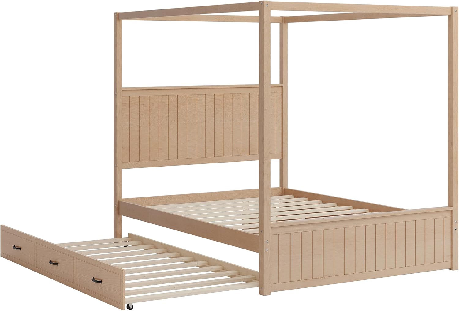 Merax Modern Queen Size Canopy Platform Bed with Trundle & 3 Storage Drawers,4-Post Solid Wood Bed Frame with Headboard,No Box Spring Needed for Master Bedroom,Guest Room,Small Space,Natural