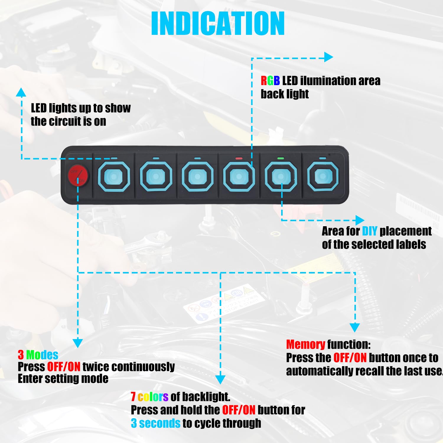 6 Button Switch Panel Auxiliary Light Control On/Off for Jeep Truck SUV UTV ATV Off-Road Toggle Momentary Pulsed Strobe 12/24V 60A SSR Circuit Control IP68 Waterproof 6 Gang RGB Switch Panel