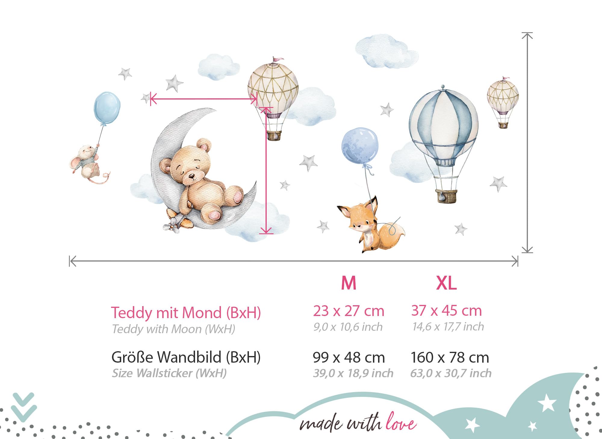 Little Deco Adhesivo decorativo para pared de oso en luna, diseño de globo aerostático para habitación infantil, adhesivo DL850-5