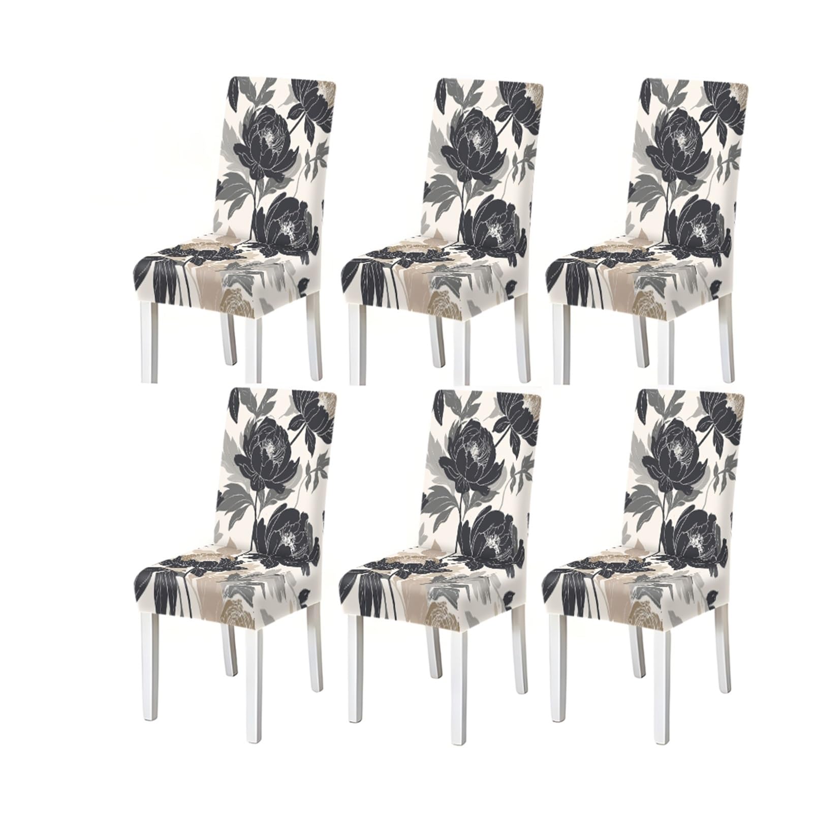 KXUAUV White Black Peony Floral Print Dining Chair Covers, Stretch Slipcovers For Home Kitchen Dining Room Party, 2/4/6PCS Seat Protectors for Restaurant Hotel Party(6PCSChair cover)