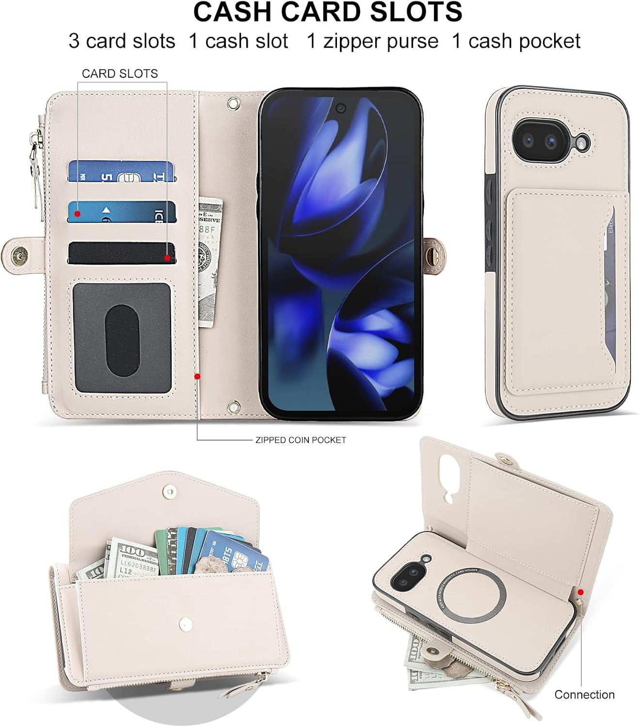 Phone Case for Google Pixel 10A/9A Wallet Cover Compatible with Magsafe RFID Screen Protector Crossbody Lanyard Strap Flip Card Holder Slot Zipper Cell Purse Pixel10A Pixel9A 5G Women Men Off White