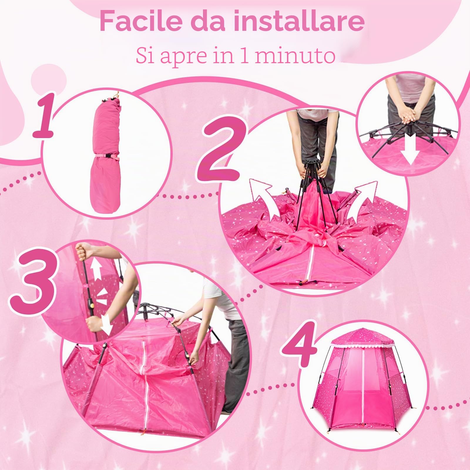 Tenda per Bambini Castello Principesse - Grande Rosa Stelle Ragazza Tenda Gioco Bambina, 200x170x135cm Casetta per Bambini da Interno, Giocattoli e Regali per Bambine