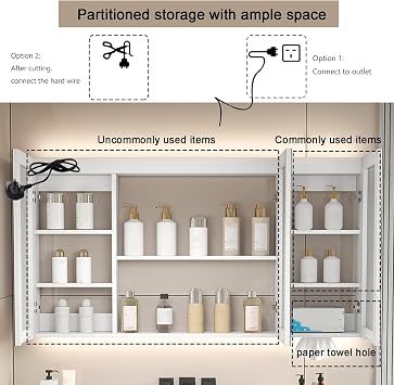 LED Bathroom Mirror Cabinet,Bathroom Mirror Cabinet with LED,2-Door Mirrored Storage Cupboard,Recessed and Surface Mount,Dimmer,Defogger,Pad Touch Switch Wall Mounted(Color:B,Size:W120*H70cm/W47.2*H27