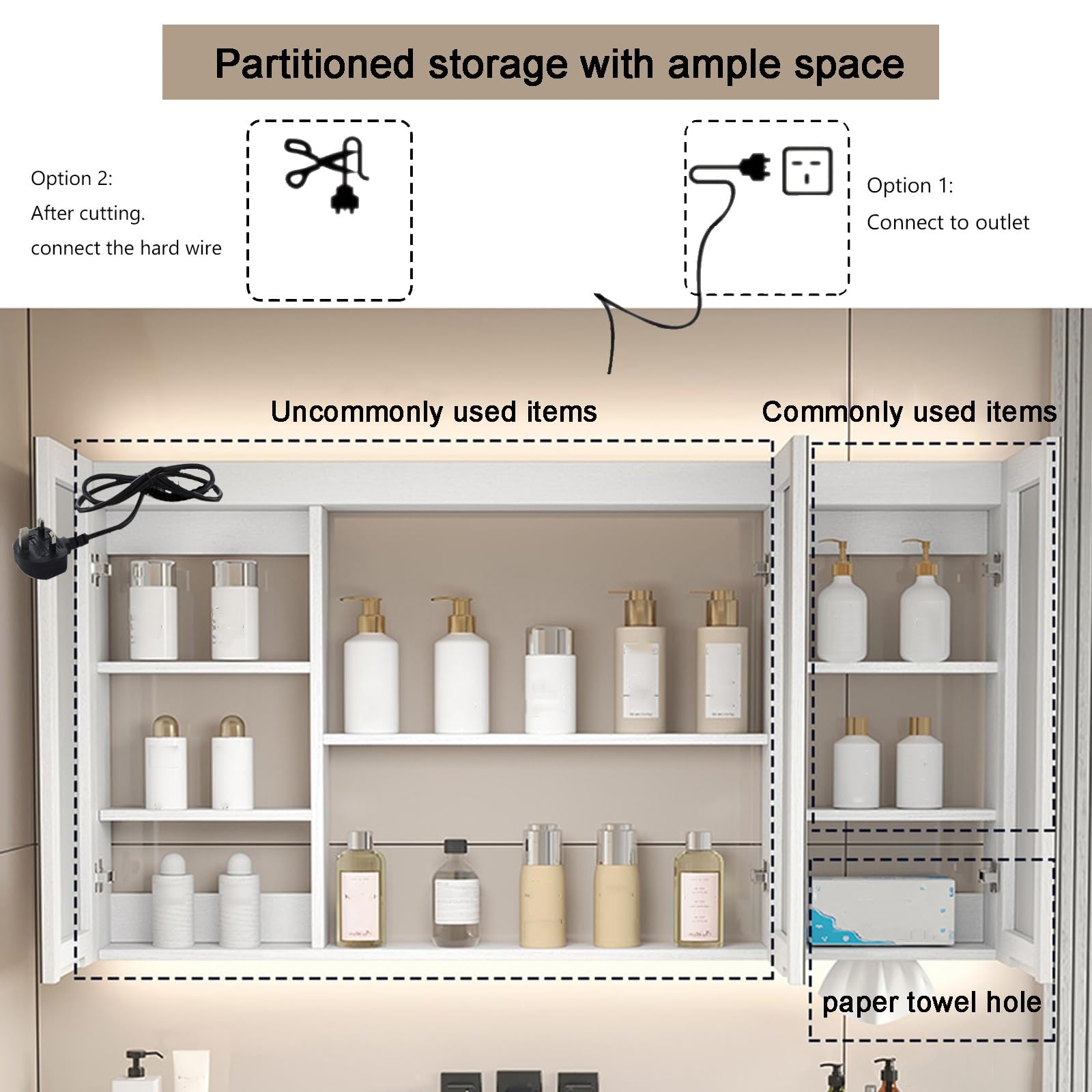 Specchio Espejo de baño con LED y espacio de almacenamiento, espejo de tocador de pared de 2 puertas, empotrado y de superficie, con regulador de intensidad y desempañador, interruptor táctil, di