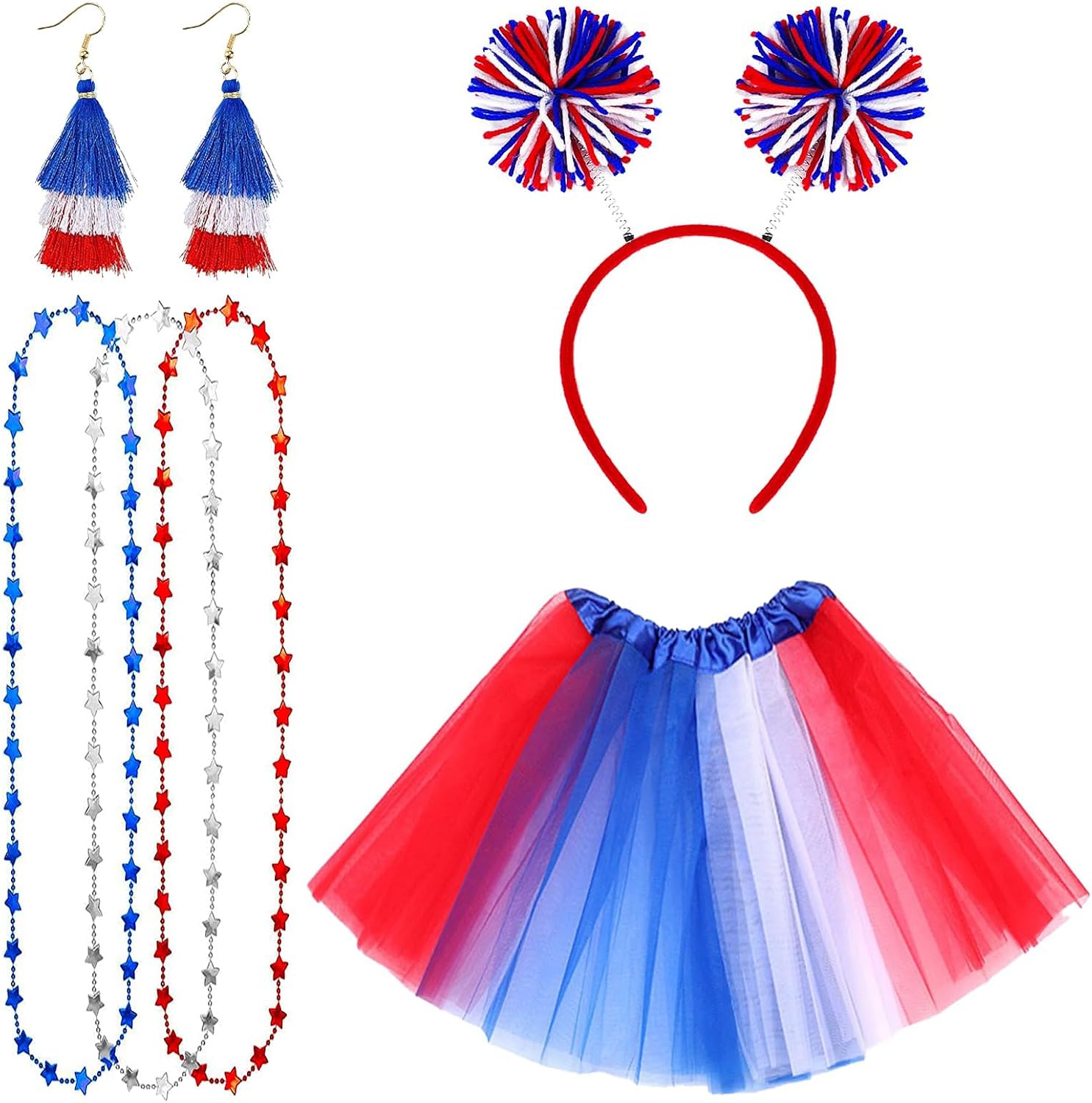 Dolkoic 250 Years 4th of July Tutu Set for Women Red White and Blue Pom Pom Headband Tutu Skirt Independence Day Costume Accessories 80s Halloween