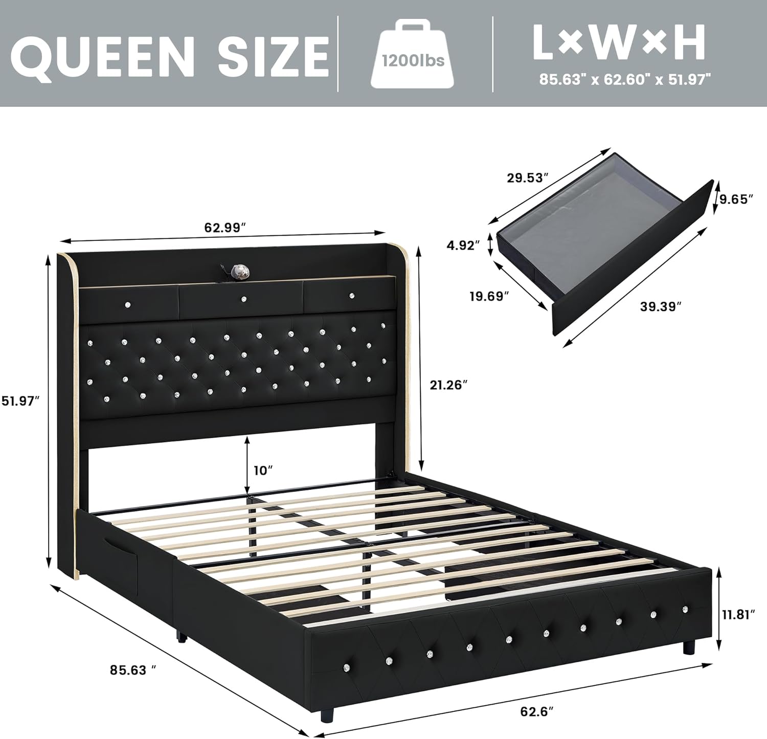 Torana Queen LED Bed Frame with 2 Drawers, 52" Ultra-High Platform Beds with Galaxy Aurora Star Projector and Charging Station, PU Leather Upholstered Diamond Tufted Wingback Bedframe, Black