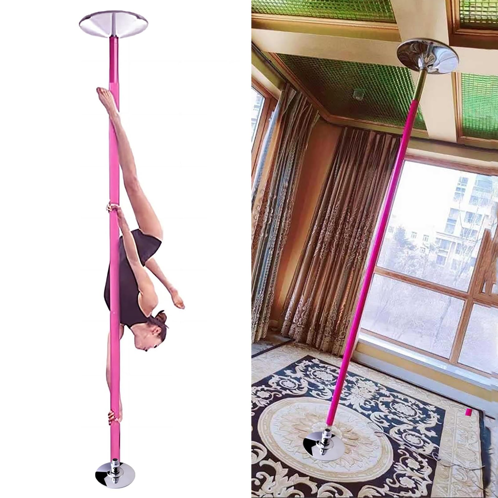 JYBNBBE Spinning Static Silicone Dancing Pole Kit for Exercises/Fitness, Portable Dance Pole for Home 7.5-9/9.8 Ft, Stripper Pole Apartment Friendly Pink,Height 2.3-2.75 M
