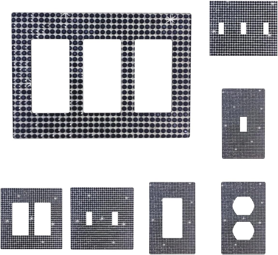 Black Shiny Rhinestones Wall Plates Bling 3 Gang Toggle Glitter Light Switch Cover Sparkly Electric Receptacle for Women Girls Bedroom Bathroom Kitchen Home Decor