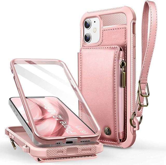 Dracool for iPhone 12 Case for iPhone 12 Pro Case with Card Holder and Screen Protector Wallet Case Leather Shockproof Silicone Bumper 360 Full Body Protection RFID Magnetic Zipper Strap - Rose Gold