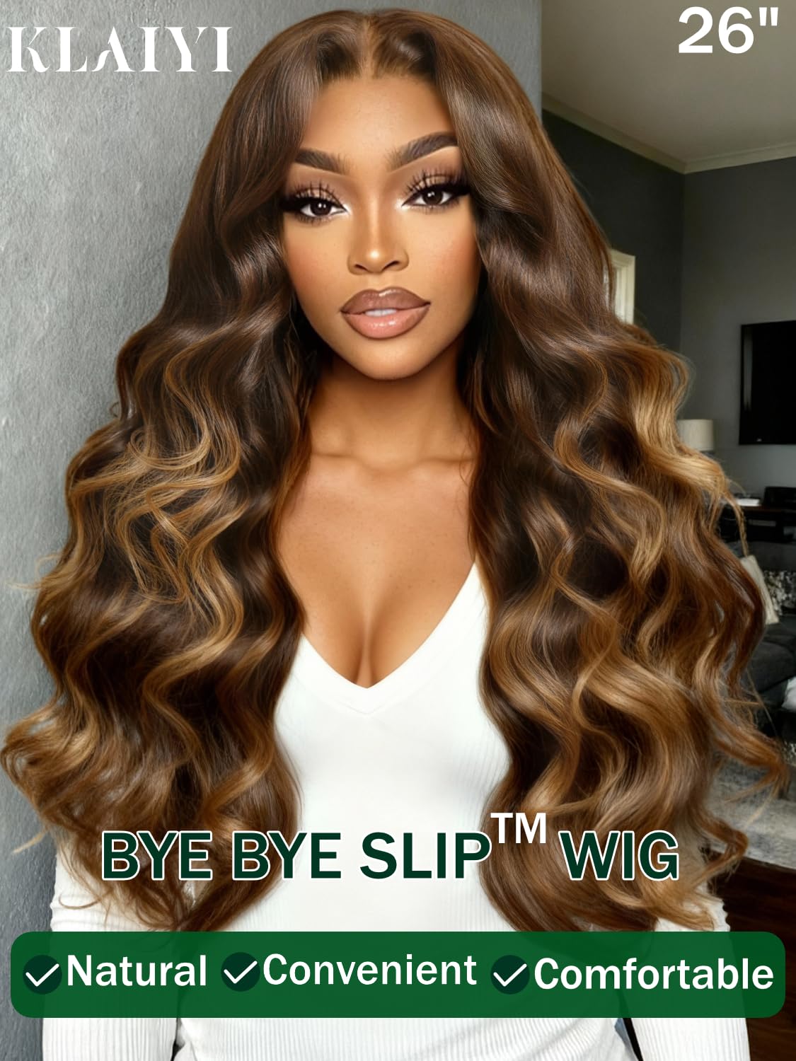 KLAIYI Ombre Brown Bye Bye Slip Loose Wave Precut 7x5Lace Front Wigs Human Hair Glueless Drawstring Balayage Highlight Pre Plucked Bleached Knots Ready to Wear and Go Wig with Face Framing Bang 22Inch