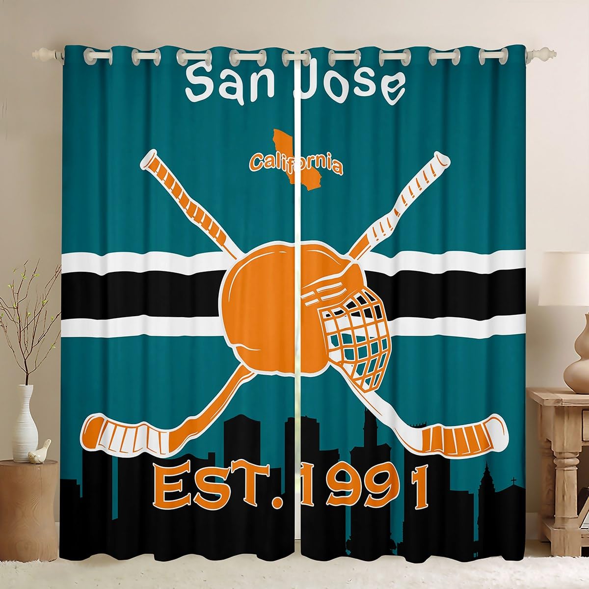 Erosebridal Ice Hockey Curtain 42x63 inch for Kids,Boy Ice Hockey Fans Window Curtains for Adult,Fan Gift Sports Themed Window Treatments,Ball Game Shades Drapes 2 Panels for Living Room(San Jose)