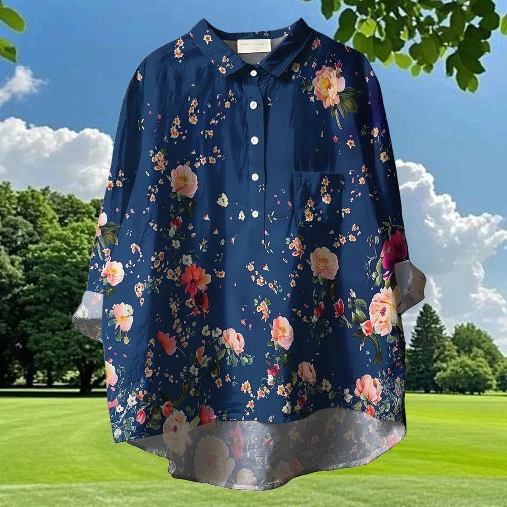 Boho Butterfly Button Down Shirts Floral Collared Colorful Blouses for Women Long Sleeve Lightweight Tops with Pocket image 2