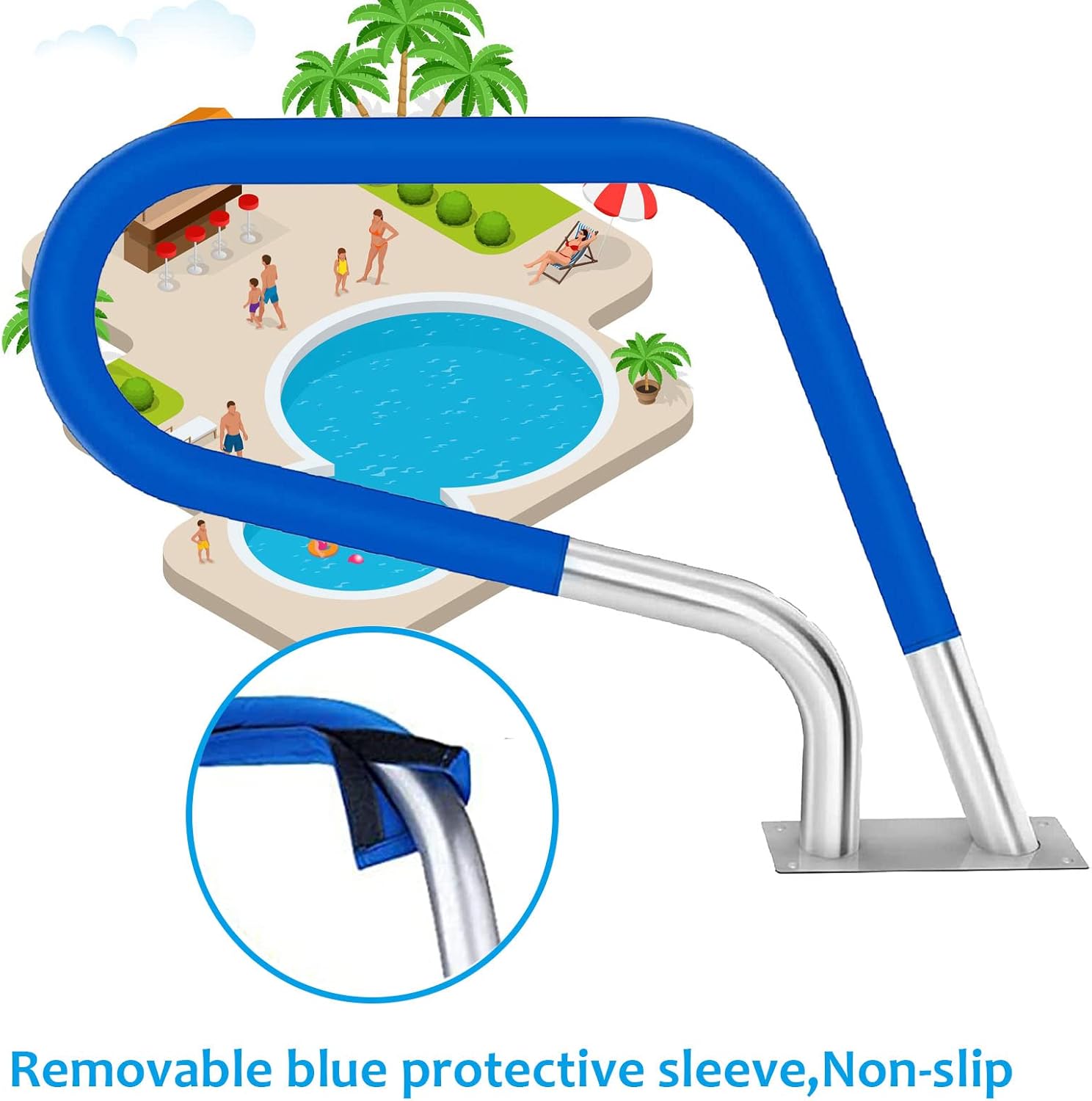 304 Stainless Steel Pool Hand Rail, Pool Safety Handrail with Blue Grip Cover Anti-Slip Swimming Pools Rail for Ramp Entrances,(Silver,2PCS)