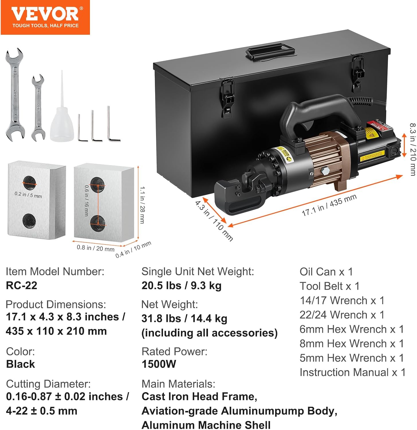 VEVOR Electric Hydraulic Rebar Cutter, 1500W Portable Rebar Cutter, Cutting up to 7/8 Inch #7 4-22mm Rebar within 2.5 Seconds, High Power Steel Rebar Cutter with Oil Can Rich Accessories,Black RC-22