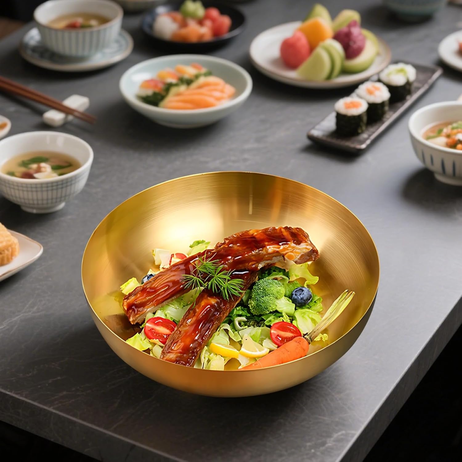 Large Mixing Bowl 9.5 In / 24 Cm, 304 Stainless Steel, Salad Bowl For Rice, Ramen, Noodles, And Salad, Matte Gold Finish, Shallow Round Design For Easy Long-Lasting Stirring