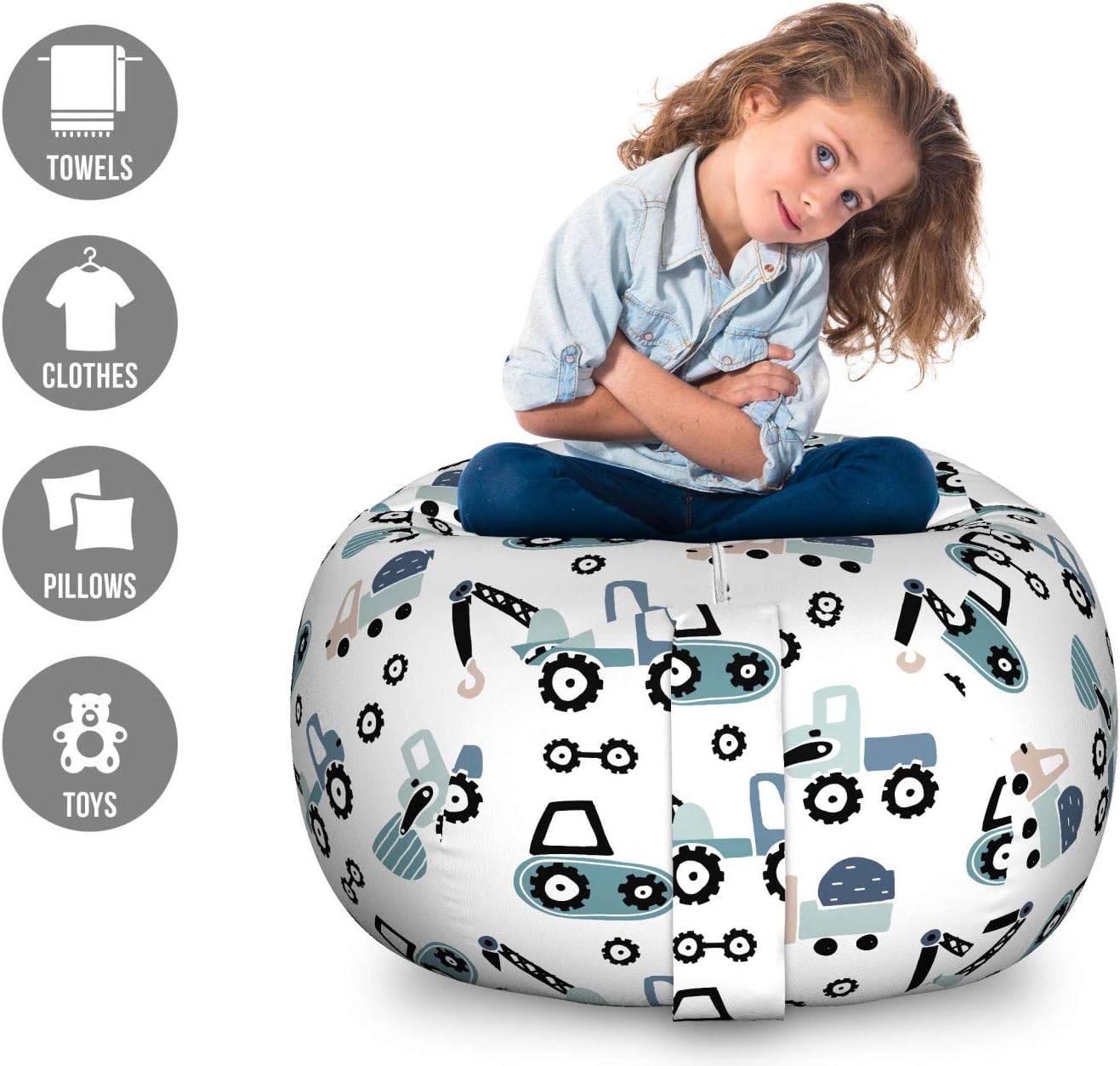 Lunarable Cars Storage Toy Bag Chair, Design with Hand Drawn Vehicles as Tractors and Trucks Scandinavian Pattern, Stuffed Animal Organizer Washable Bag, Large Size, Multicolor